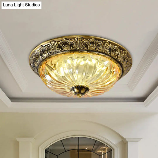 Antiqued Brass Bowl Ceiling Lamp: Traditional Carved Glass Flush Mount Light