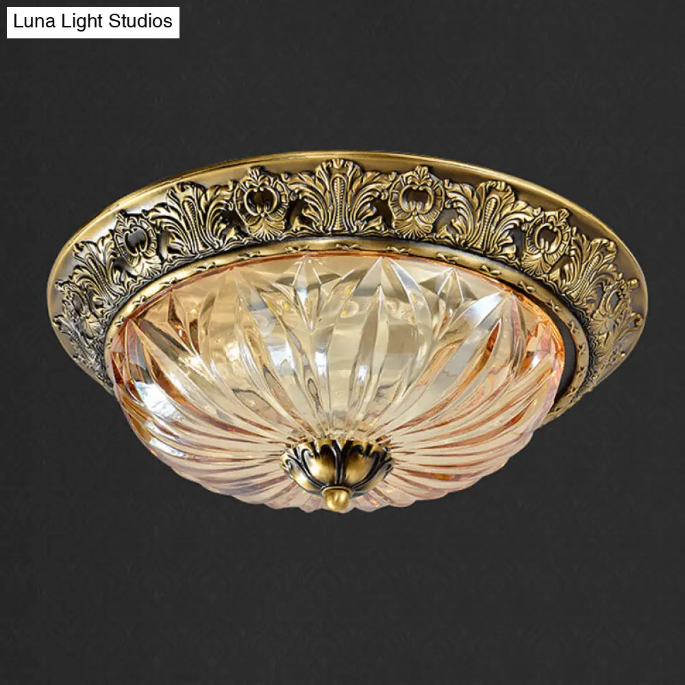 Antiqued Brass Bowl Ceiling Lamp: Traditional Carved Glass Flush Mount Light