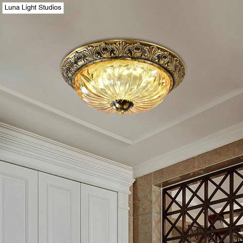 Antiqued Brass Bowl Ceiling Lamp: Traditional Carved Glass Flush Mount Light