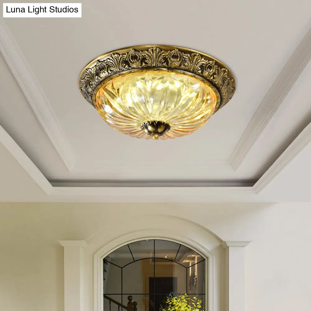 Antiqued Brass Bowl Ceiling Lamp: Traditional Carved Glass Flush Mount Light