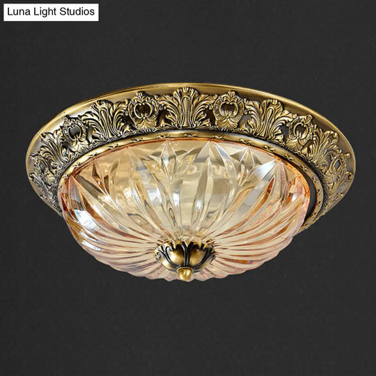 Antiqued Brass Bowl Ceiling Lamp: Traditional Carved Glass Flush Mount Light