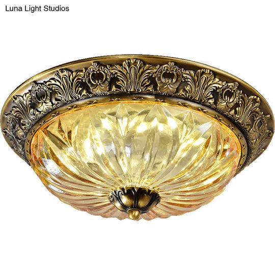 Antiqued Brass Bowl Ceiling Lamp: Traditional Carved Glass Flush Mount Light