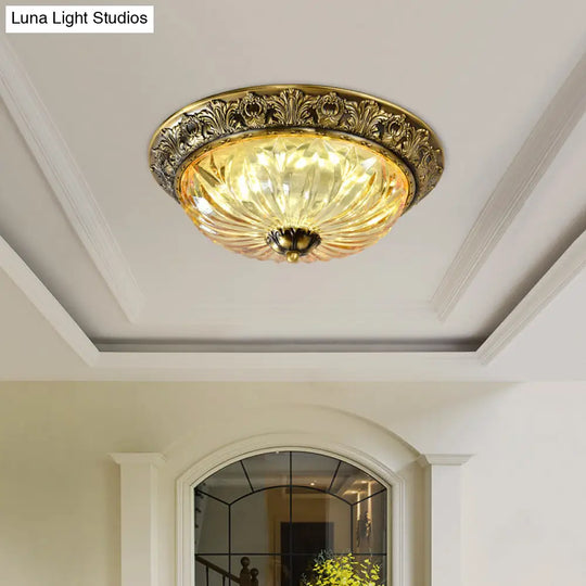 Antiqued Brass Bowl Ceiling Lamp: Traditional Carved Glass Flush Mount Light