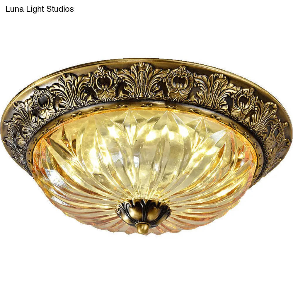 Antiqued Brass Bowl Ceiling Lamp: Traditional Carved Glass Flush Mount Light