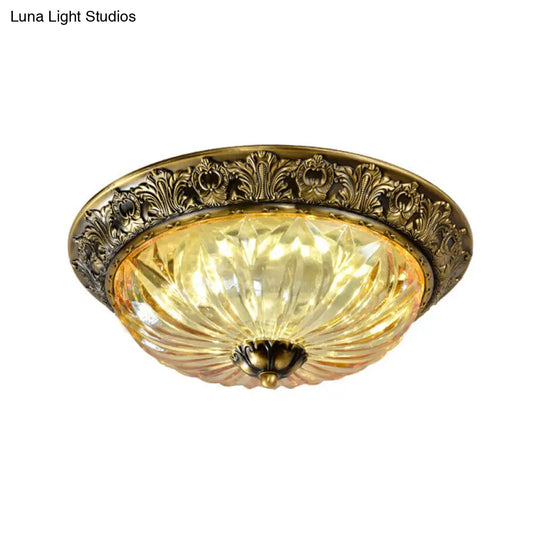 Antiqued Brass Bowl Ceiling Lamp: Traditional Carved Glass Flush Mount Light