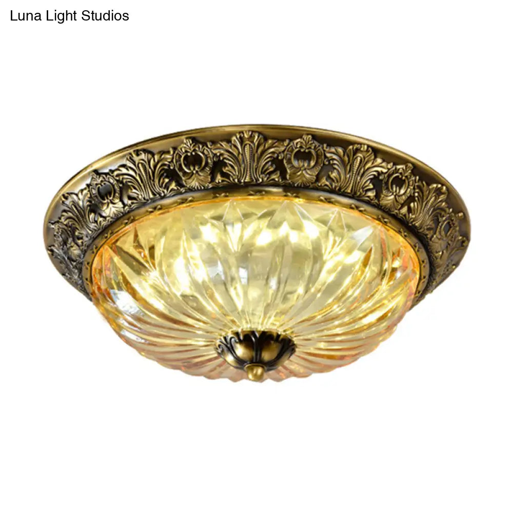 Antiqued Brass Bowl Ceiling Lamp: Traditional Carved Glass Flush Mount Light / 12