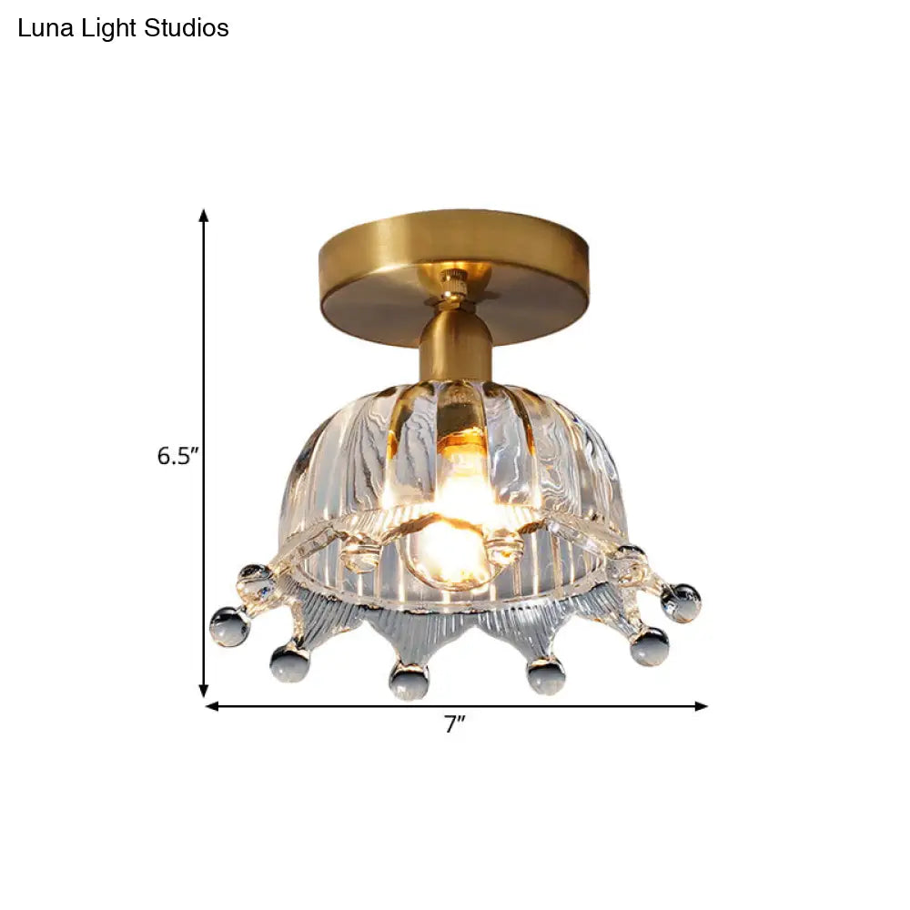 Antiqued Brass Clear Fluted Glass Semi-Mount Ceiling Light