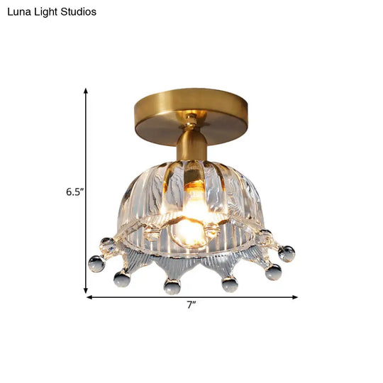 Antiqued Brass Clear Fluted Glass Semi-Mount Ceiling Light