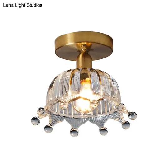 Antiqued Brass Fluted Glass Semi Mount Ceiling Light With Inverted Crown Design