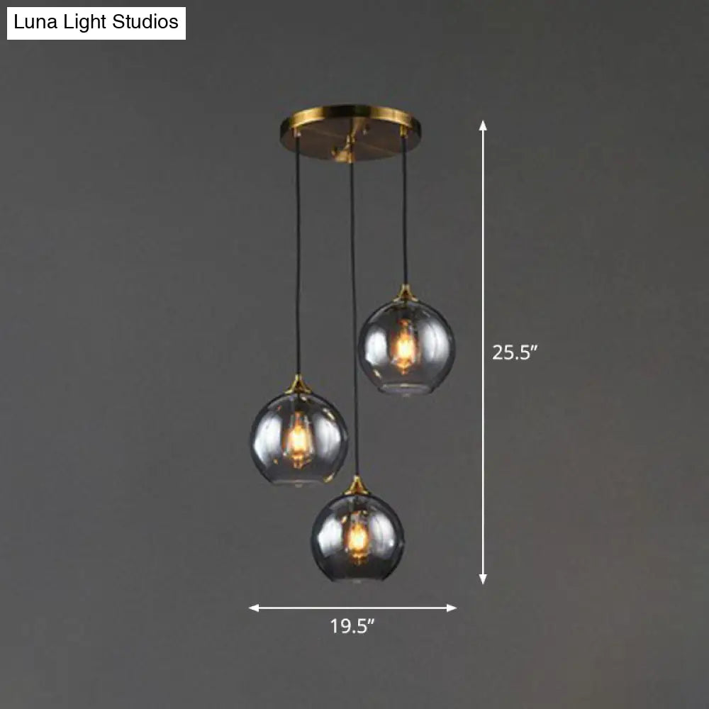 Antiqued Brass Globe Pendant Lamp With 3 Lights And Glass Shade