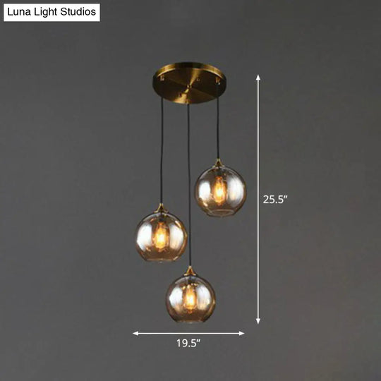 Antiqued Brass Globe Pendant Lamp With 3 Lights And Glass Shade