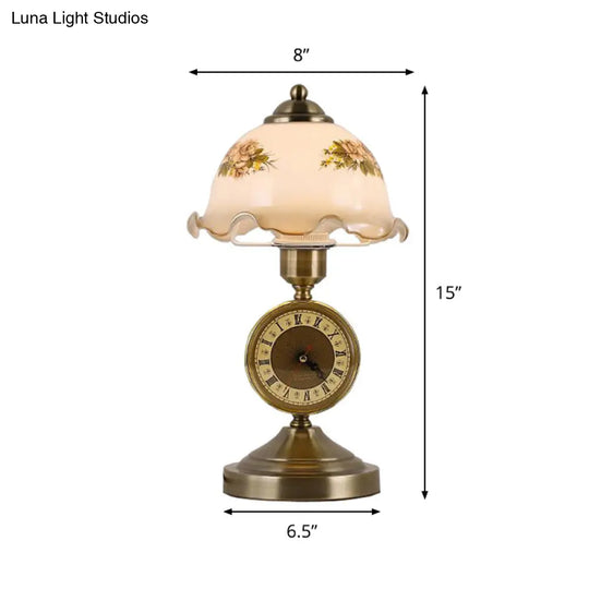 Antiqued Brass Night Lamp With Roman Clock Base - American Flower Design White Glass Dome Table