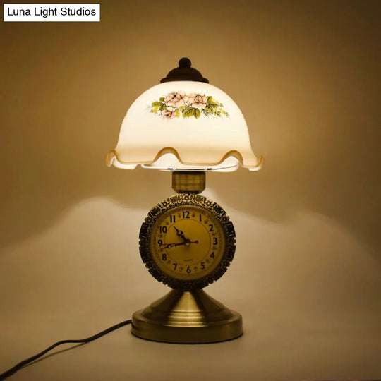 Antiqued Brass Night Lamp With Roman Clock Base - American Flower Design White Glass Dome Table