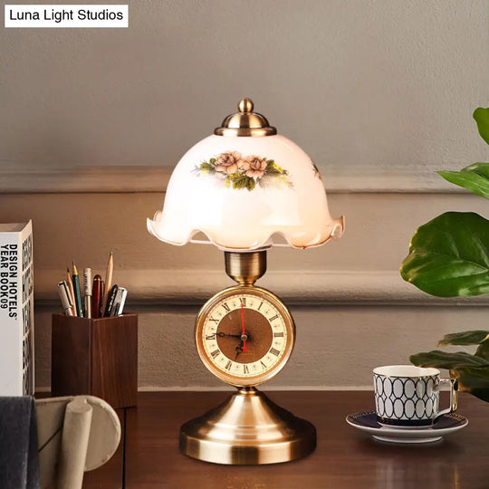 Antiqued Brass Night Lamp With Roman Clock Base - American Flower Design White Glass Dome Table