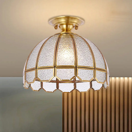 Antiqued Brass Scalloped Dome Semi Flush Ceiling Light With Ripple Glass