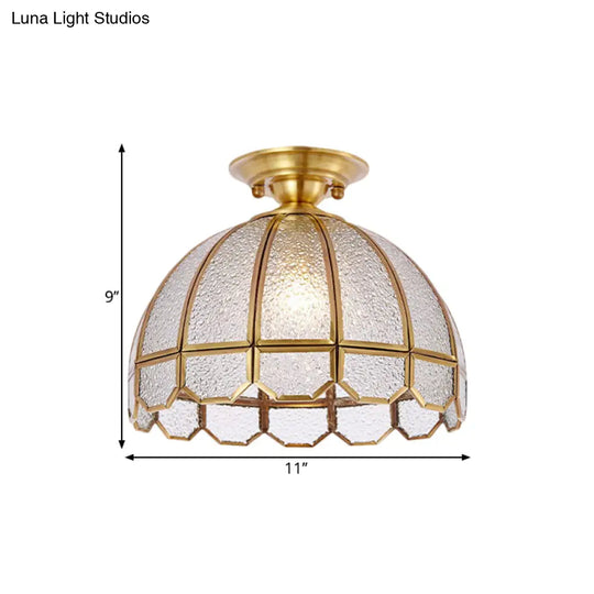 Antiqued Brass Scalloped Dome Semi Flush Ceiling Light With Ripple Glass