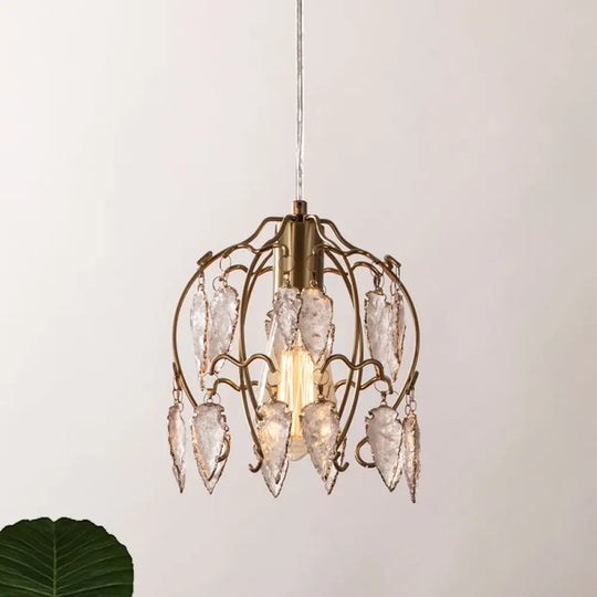 Antiqued Brass Single Bedside Pendant With Crystal Flowerbud Pendulum Light - Vintage Style