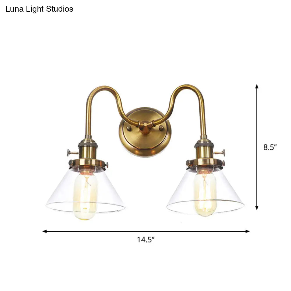 Antiqued Brass Wall Mounted Lamp With Conical/Spherical Shades And Adjustable Arms - 2-Light Fixture