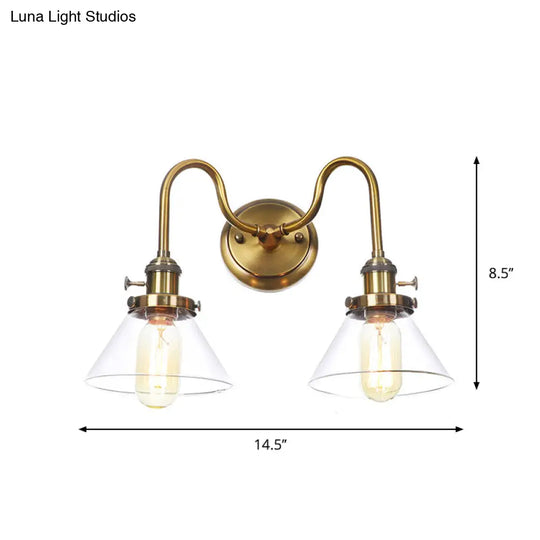 Antiqued Brass Wall Mounted Lamp With Conical/Spherical Shades And Adjustable Arms - 2-Light Fixture