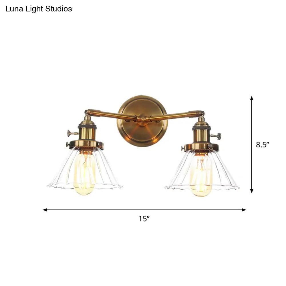 Antiqued Brass Wall Mounted Lamp With Conical/Spherical Shades And Adjustable Arms - 2-Light Fixture