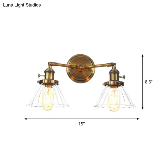 Antiqued Brass Wall Mounted Lamp With Conical/Spherical Shades And Adjustable Arms - 2-Light Fixture