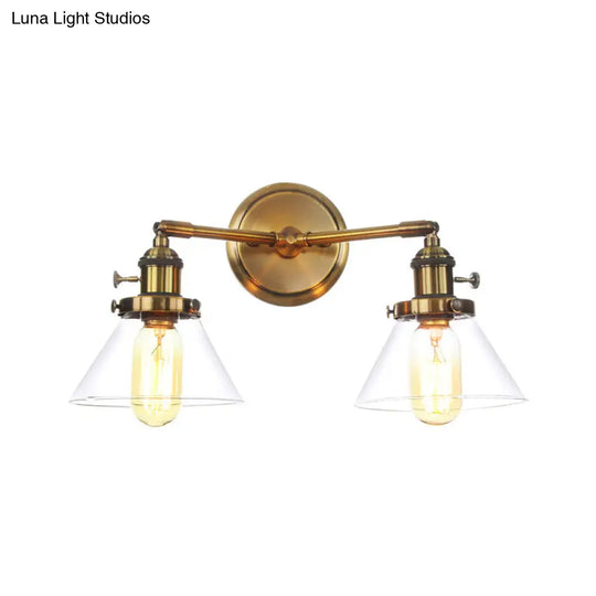 Antiqued Brass Wall Mounted Lamp With Conical/Spherical Shades And Adjustable Arms - 2-Light Fixture