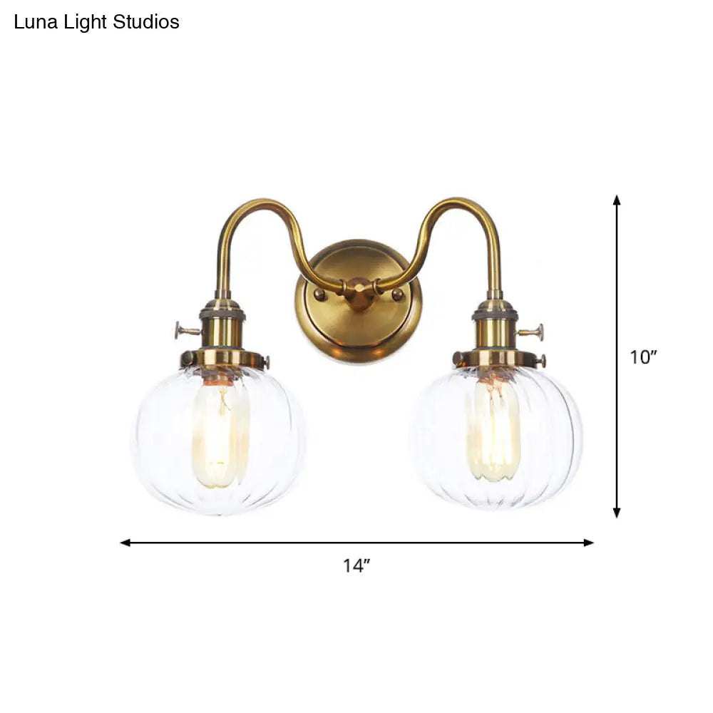 Antiqued Brass Wall Mounted Lamp With Conical/Spherical Shades And Adjustable Arms - 2-Light Fixture