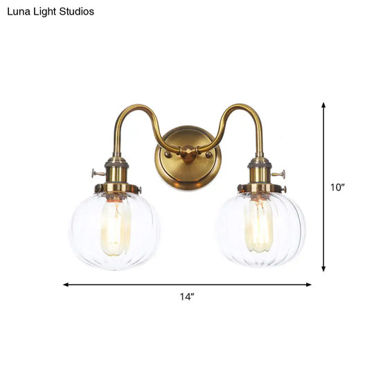 Antiqued Brass Wall Mounted Lamp With Conical/Spherical Shades And Adjustable Arms - 2-Light Fixture