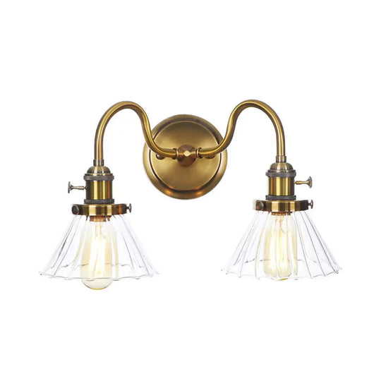 Antiqued Brass Wall Mounted Lamp With Conical/Spherical Shades And Adjustable Arms - 2-Light Fixture