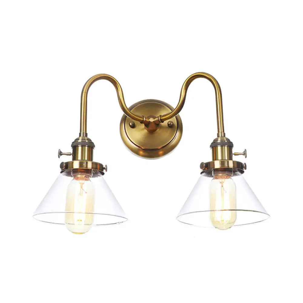 Antiqued Brass Wall Mounted Lamp With Conical/Spherical Shades And Adjustable Arms - 2-Light Fixture