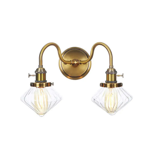 Antiqued Brass Wall Mounted Lamp With Conical/Spherical Shades And Adjustable Arms - 2-Light Fixture