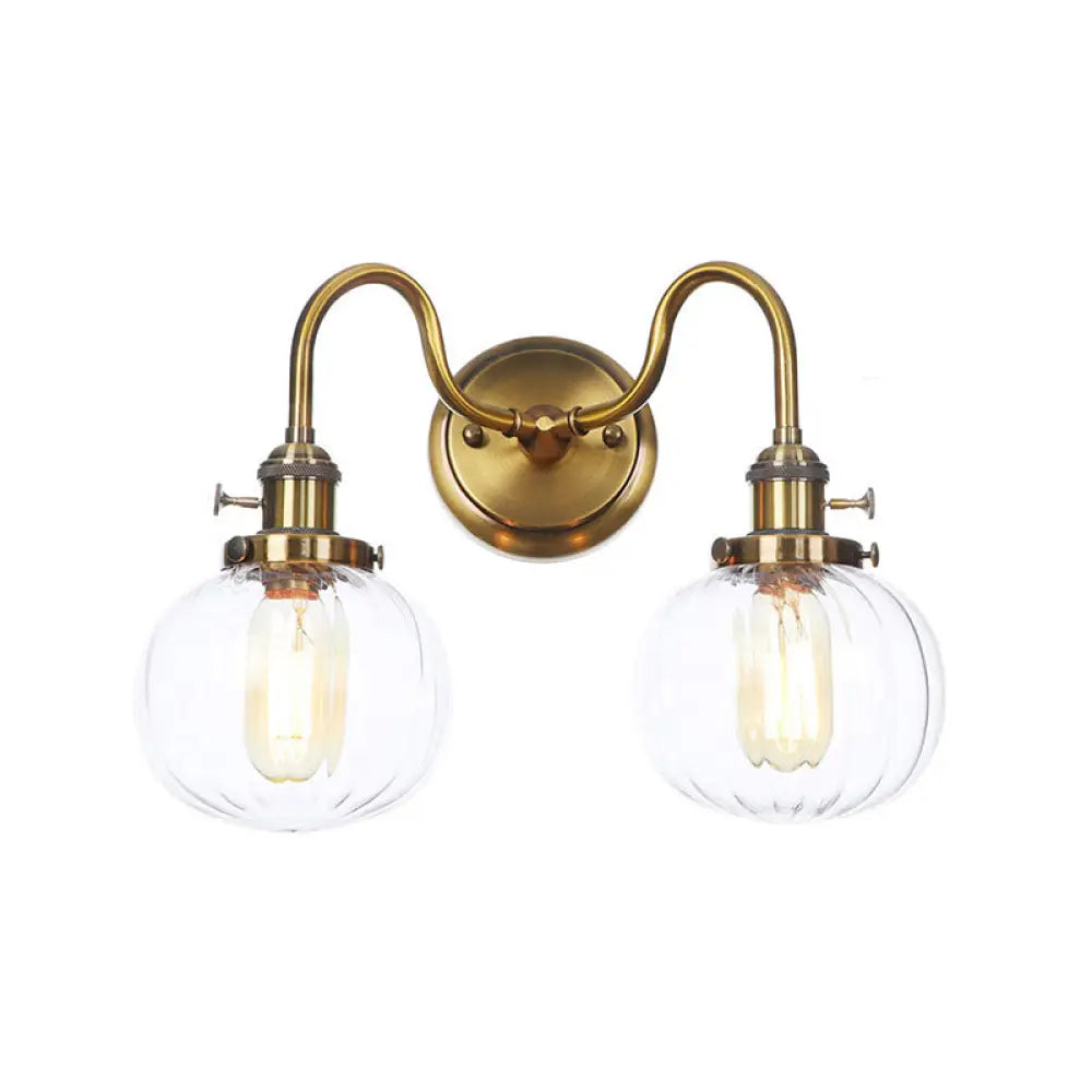 Antiqued Brass Wall Mounted Lamp With Conical/Spherical Shades And Adjustable Arms - 2-Light Fixture