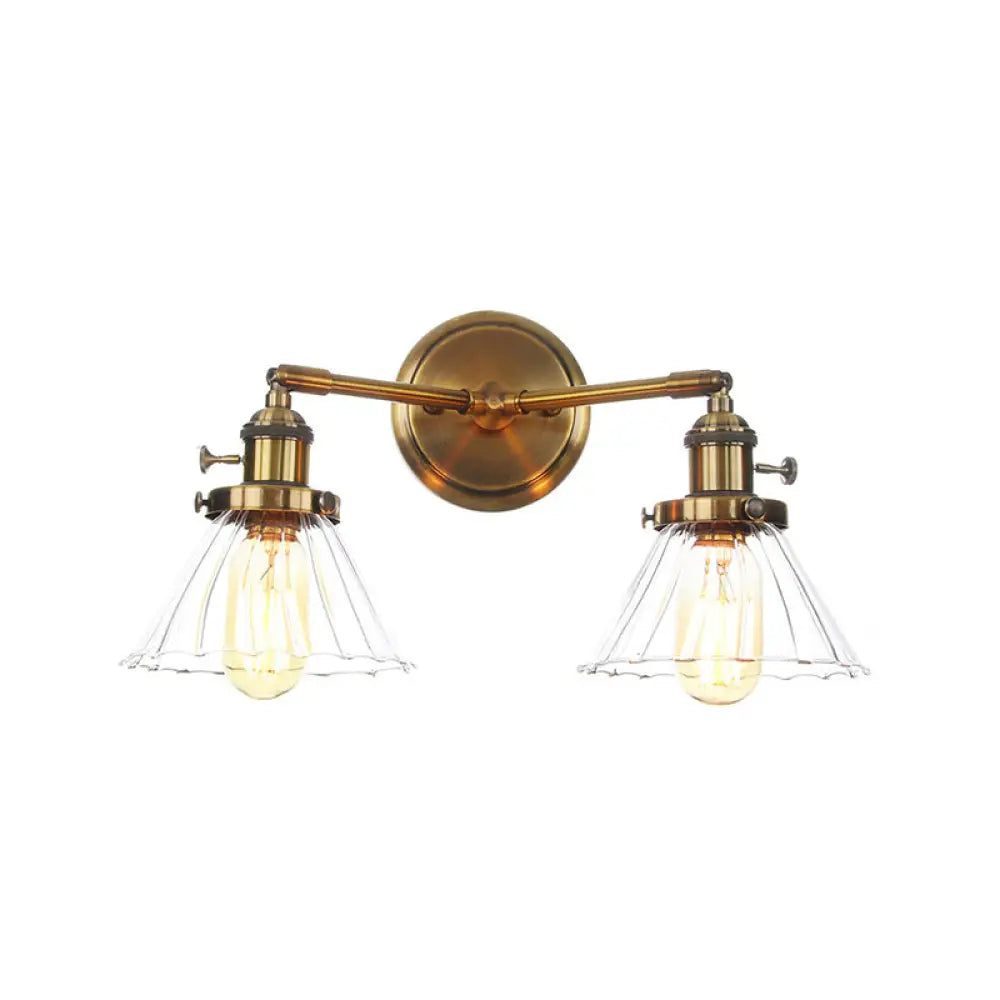 Antiqued Brass Wall Mounted Lamp With Conical/Spherical Shades And Adjustable Arms - 2-Light Fixture