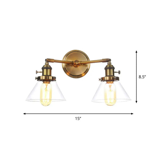 Antiqued Brass Wall Mounted Lamp With Conical/Spherical Shades And Adjustable Arms - 2-Light Fixture