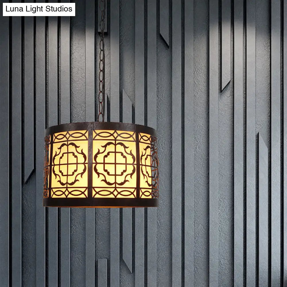 Rustic Bronze Drop Pendant With Rose & Scrollwork Cutouts - 1-Light Drum-Shaped Ceiling Light