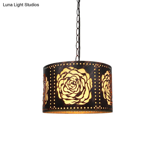 Rustic Bronze Drop Pendant With Rose & Scrollwork Cutouts - 1-Light Drum-Shaped Ceiling Light