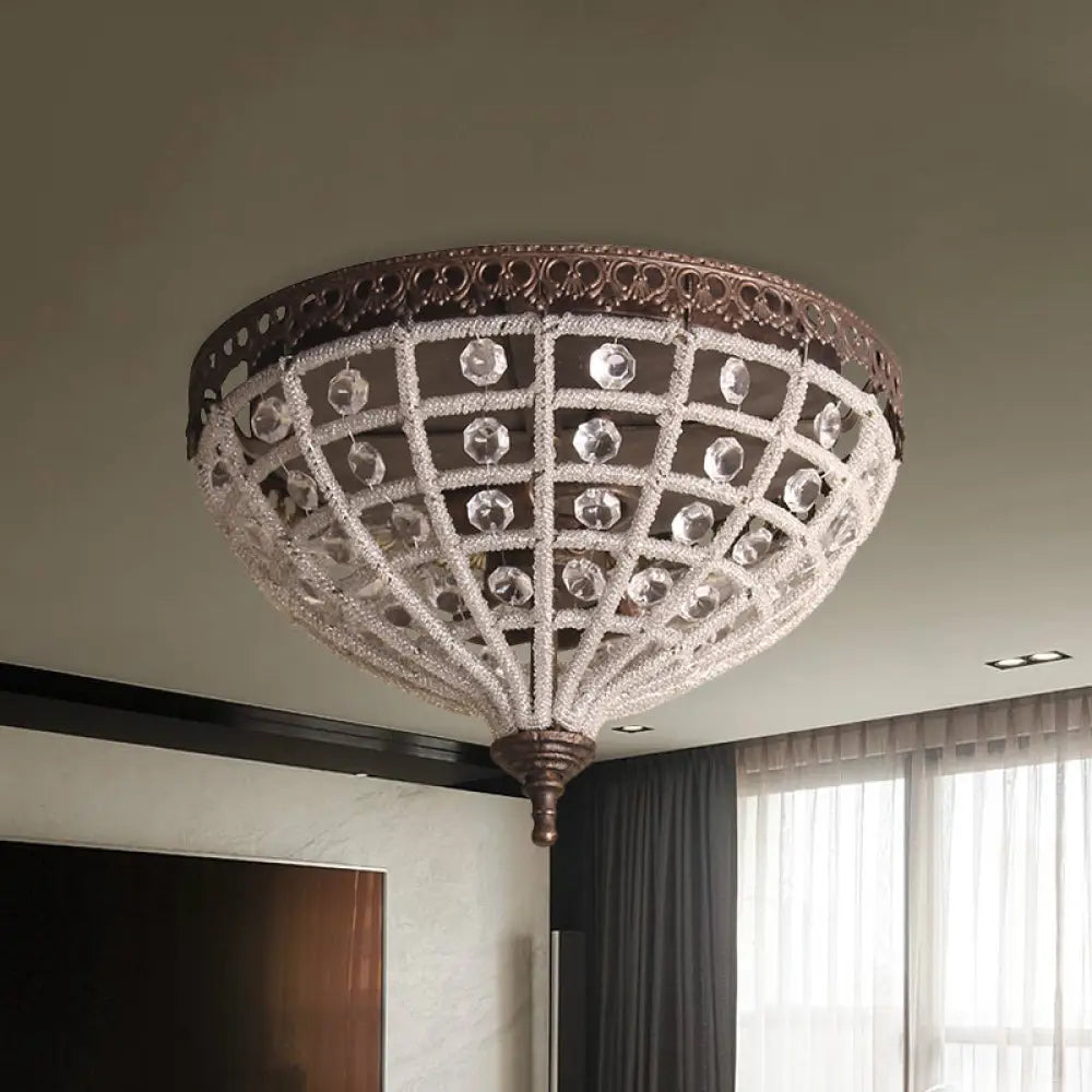 Antiqued Bronze Domed Cage Flush Mount Lamp With 2 - Light Crystal Bead Ceiling Fixture