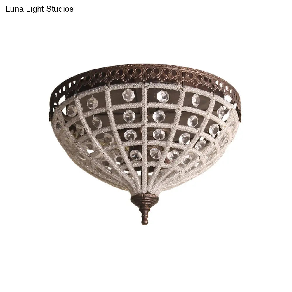 Antiqued Bronze Domed Cage Flush Mount Lamp With 2 - Light Crystal Bead Ceiling Fixture