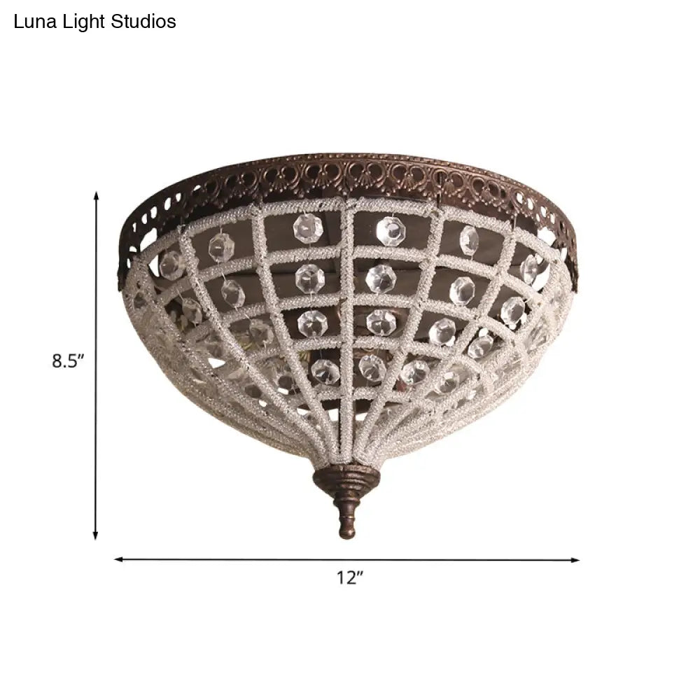 Antiqued Bronze Domed Cage Flush Mount Lamp With 2 - Light Crystal Bead Ceiling Fixture