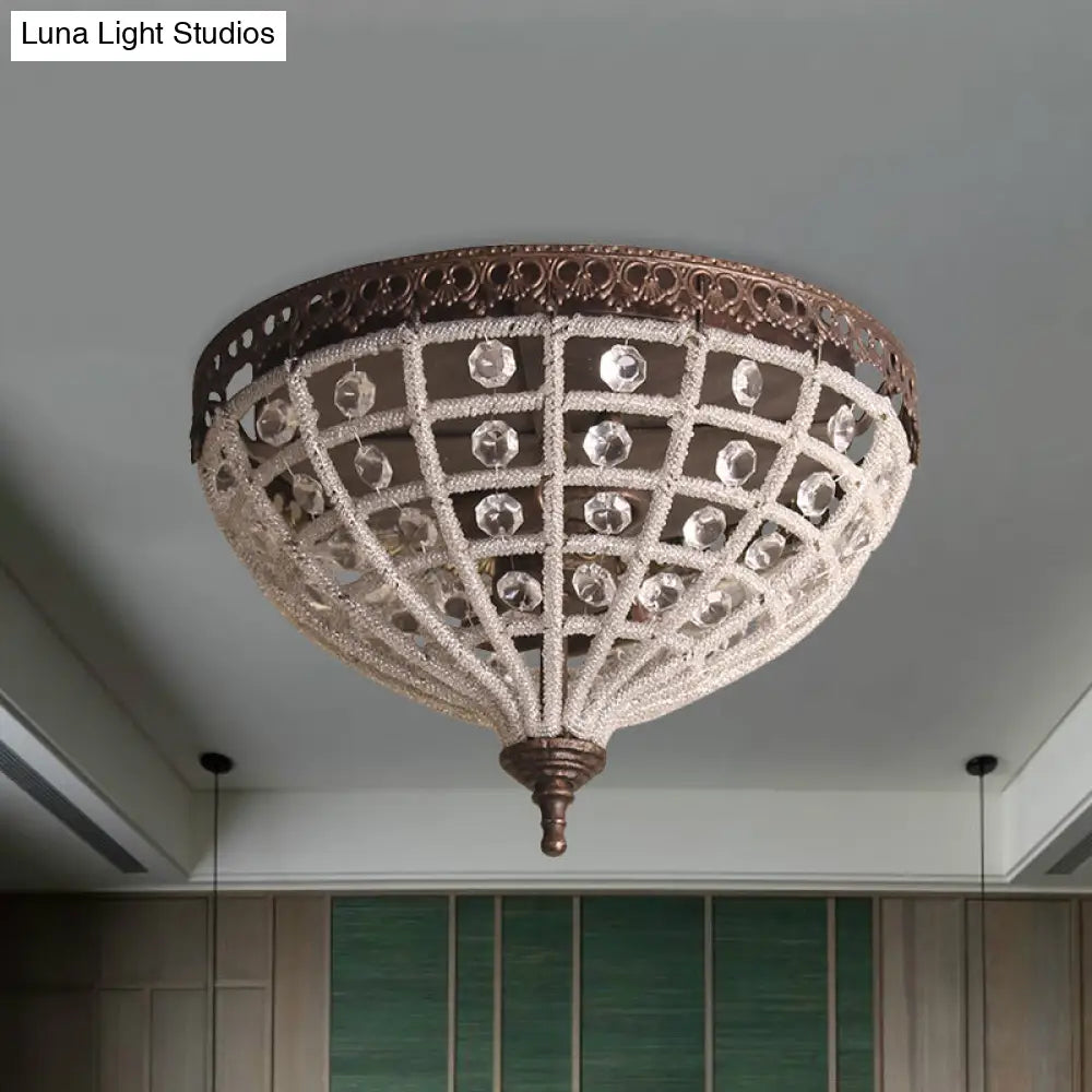 Antiqued Bronze Domed Cage Flush Mount Lamp With 2 - Light Crystal Bead Ceiling Fixture