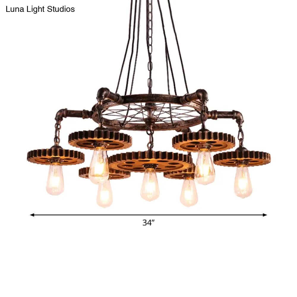 Antiqued Bronze Gear Chandelier - Loft Style Iron 3/5/7-Light Ceiling Lamp For Living Room