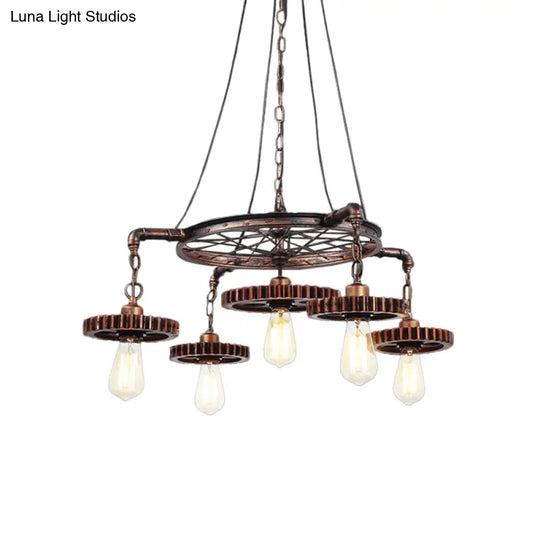 Antiqued Bronze Gear Chandelier - Loft Style Iron 3/5/7-Light Ceiling Lamp For Living Room