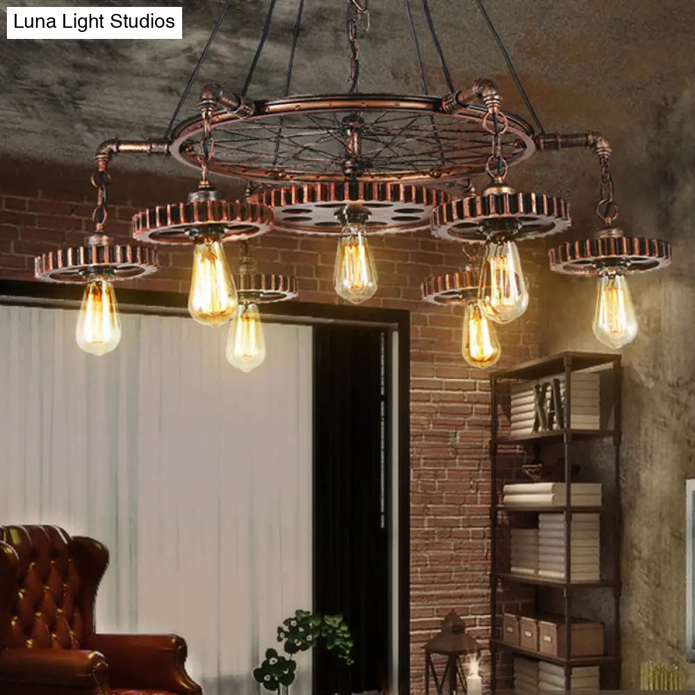 Antiqued Bronze Gear Chandelier - Loft Style Iron 3/5/7-Light Ceiling Lamp For Living Room