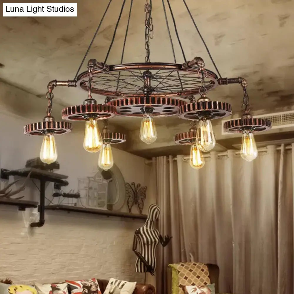 Bronze Gear Chandelier - Loft Style Iron Suspension Lamp For Living Room 3/5/7-Light Ceiling Fixture