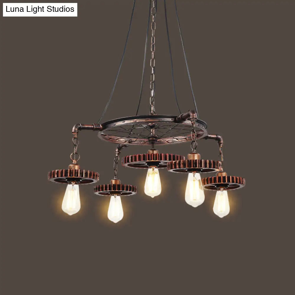 Antiqued Bronze Gear Chandelier - Loft Style Iron 3/5/7-Light Ceiling Lamp For Living Room