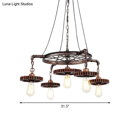 Antiqued Bronze Gear Chandelier - Loft Style Iron 3/5/7-Light Ceiling Lamp For Living Room