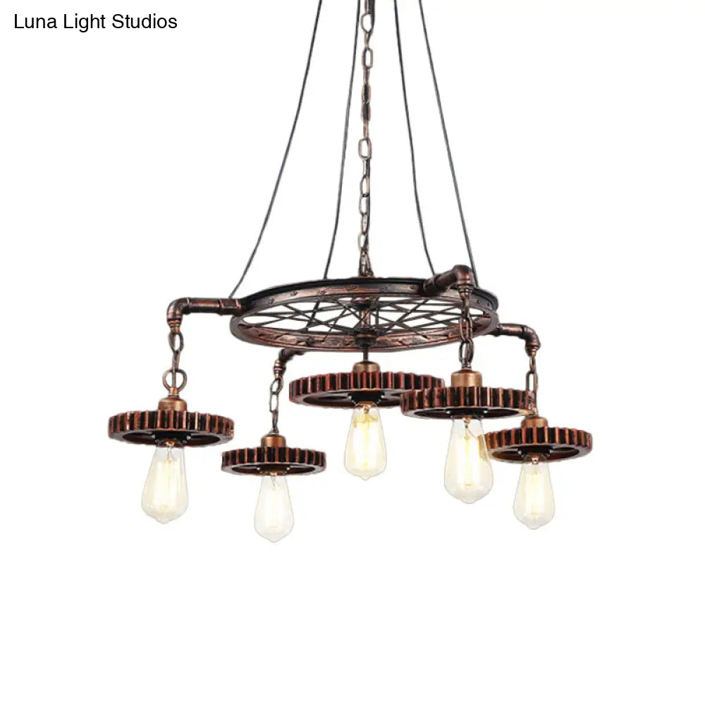 Bronze Gear Chandelier - Loft Style Iron Suspension Lamp For Living Room 3/5/7-Light Ceiling Fixture