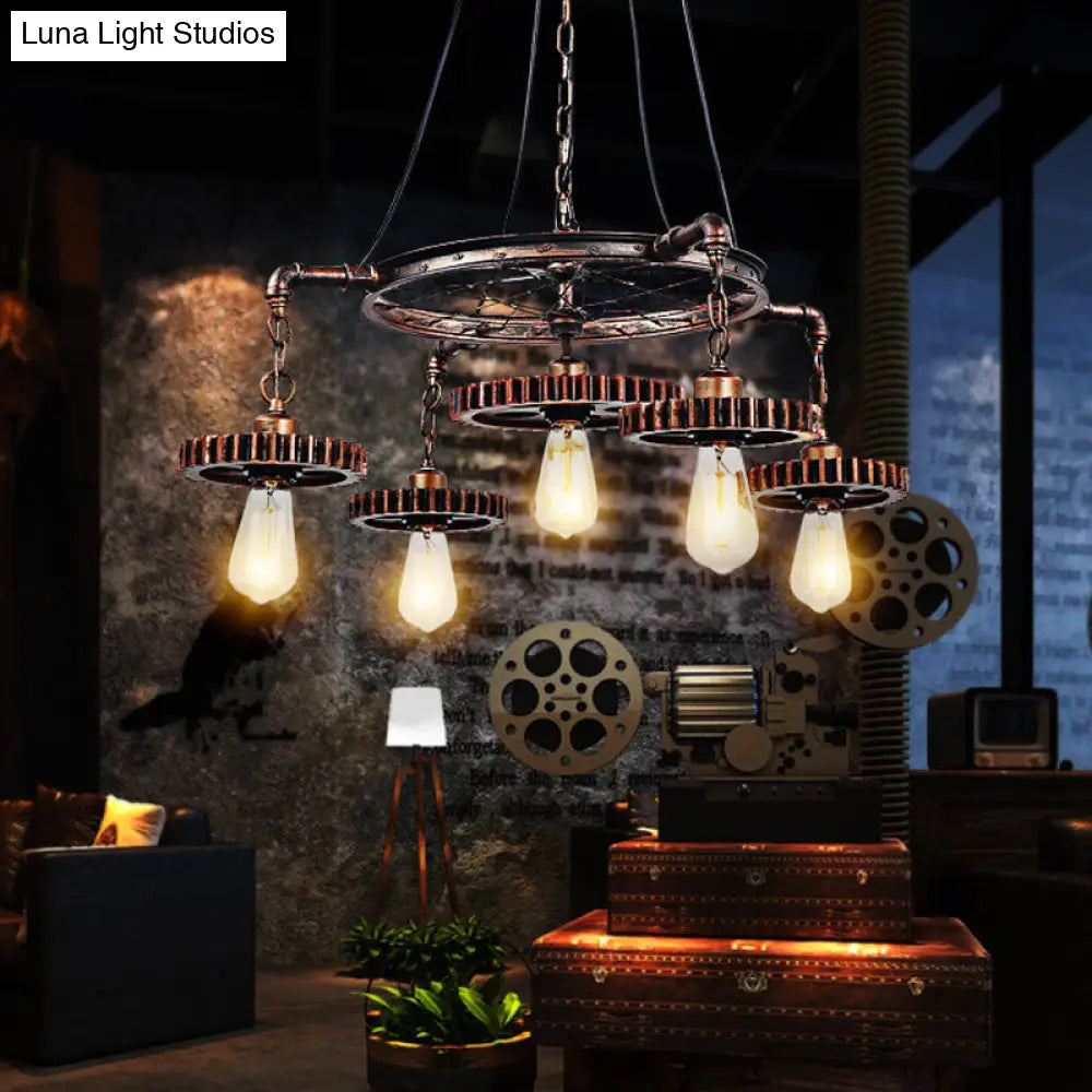 Bronze Gear Chandelier - Loft Style Iron Suspension Lamp For Living Room 3/5/7-Light Ceiling Fixture