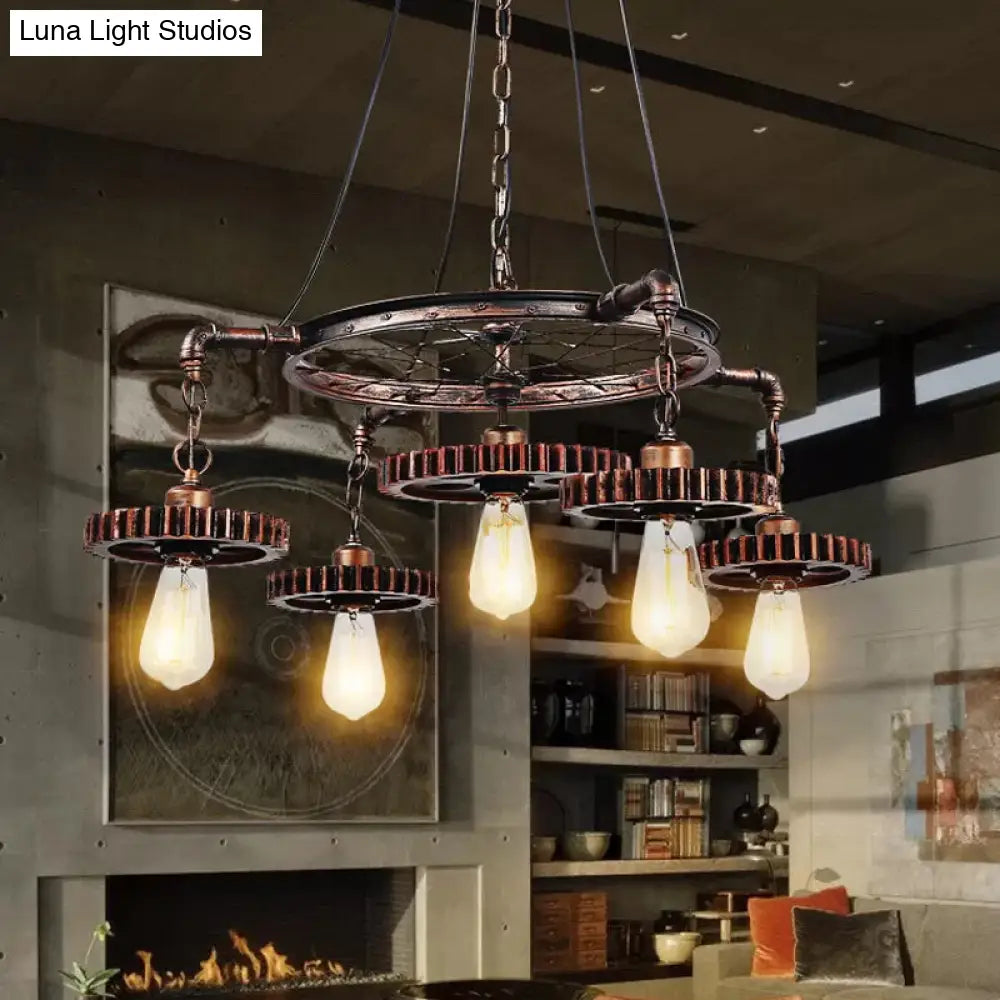 Bronze Gear Chandelier - Loft Style Iron Suspension Lamp For Living Room 3/5/7-Light Ceiling Fixture