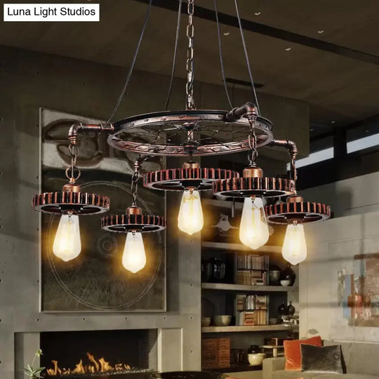 Bronze Gear Chandelier - Loft Style Iron Suspension Lamp For Living Room 3/5/7-Light Ceiling Fixture